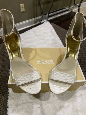 Michael Kors White Textured Leather Ankle-Strap Heels